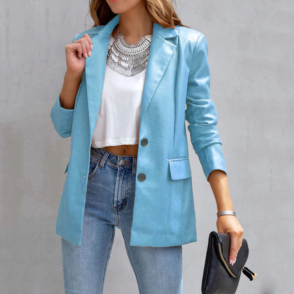 Chaqueta blazer informal de manga larga con botones y cárdigan de PU de color sólido a la moda para mujer