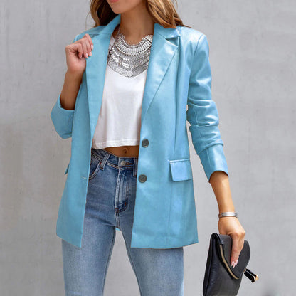 Chaqueta blazer informal de manga larga con botones y cárdigan de PU de color sólido a la moda para mujer