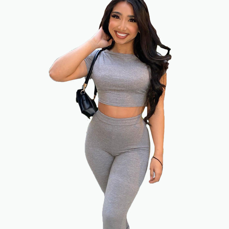 Conjunto deportivo de dos piezas para mujer, color liso, cuello redondo, manga corta y pantalones de cintura alta, estilo informal, para yoga