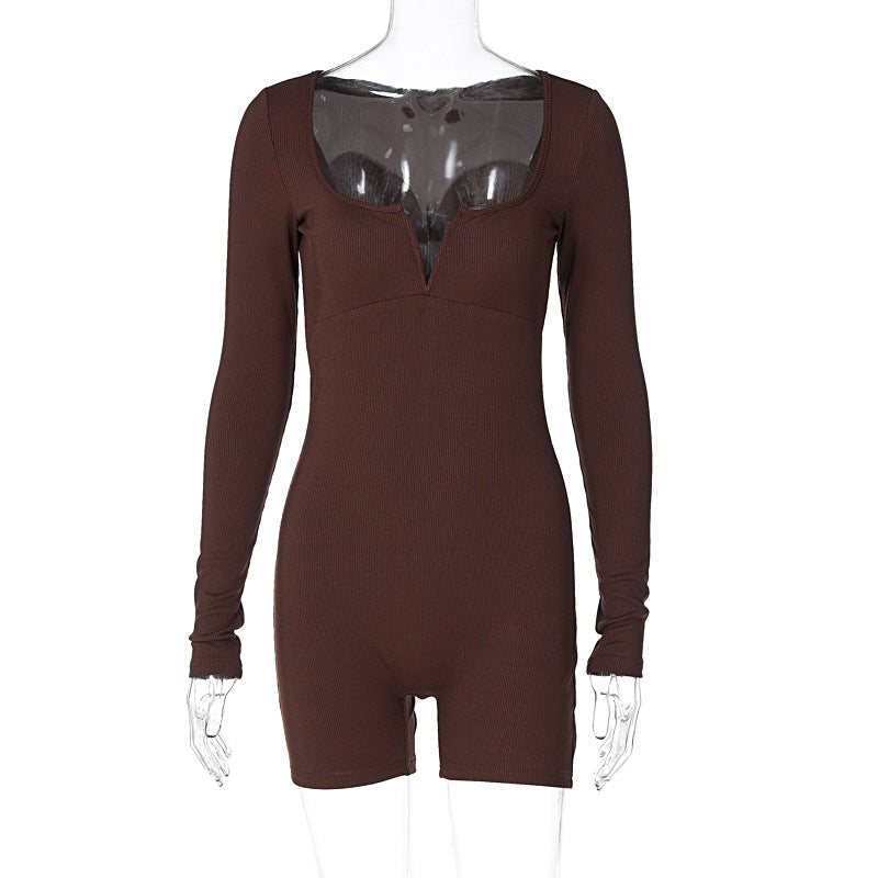 Women Fashion Casual Solid Color U Collar Long Sleeve Rompers