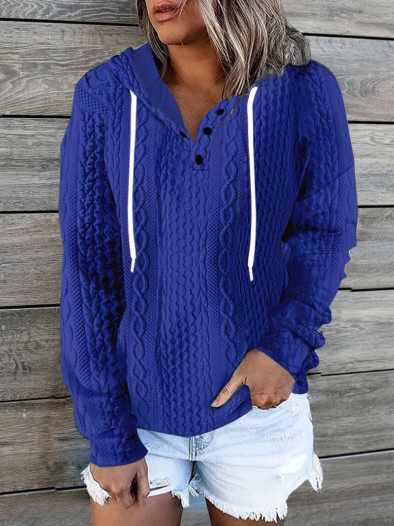 Sudadera de punto jacquard de manga larga con cordón y cuello en V informal a la moda para mujer