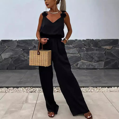 Women Fashion Casual Loose Solid Color V-Neck Strap Sleeveless Pocket Jumpsuits