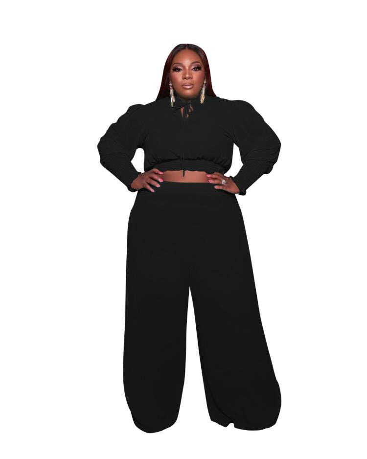 Conjunto de dos piezas de blusa corta de manga larga y pantalones de pierna ancha para mujer, informal, de color liso, talla grande