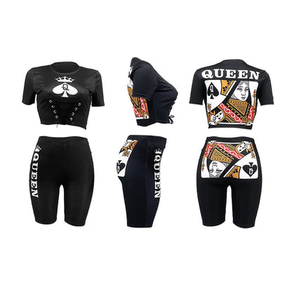 Women Fashion Black Q Poker Queen Printed Casual Summer T-Shirt And Shorts Set