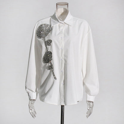 Blusa informal holgada de manga larga con solapa y flores de diamantes de imitación para mujer