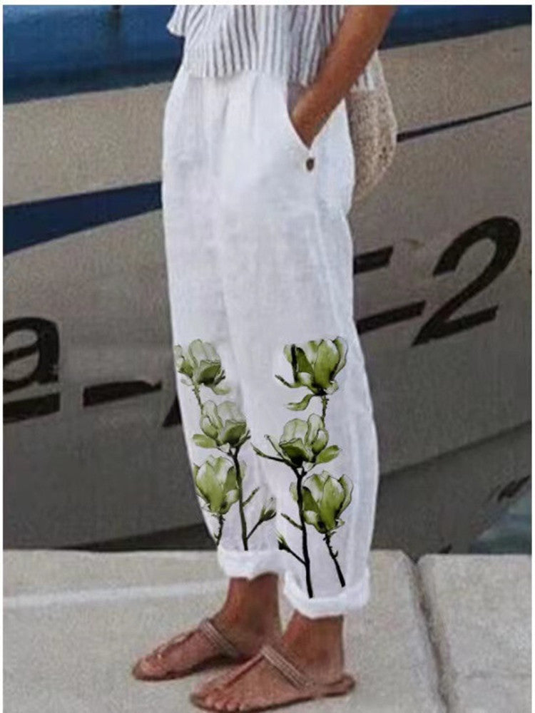 Pantalones elegantes de lino y algodón para mujer, con estampado floral vintage, cintura elástica y bolsillos, informales
