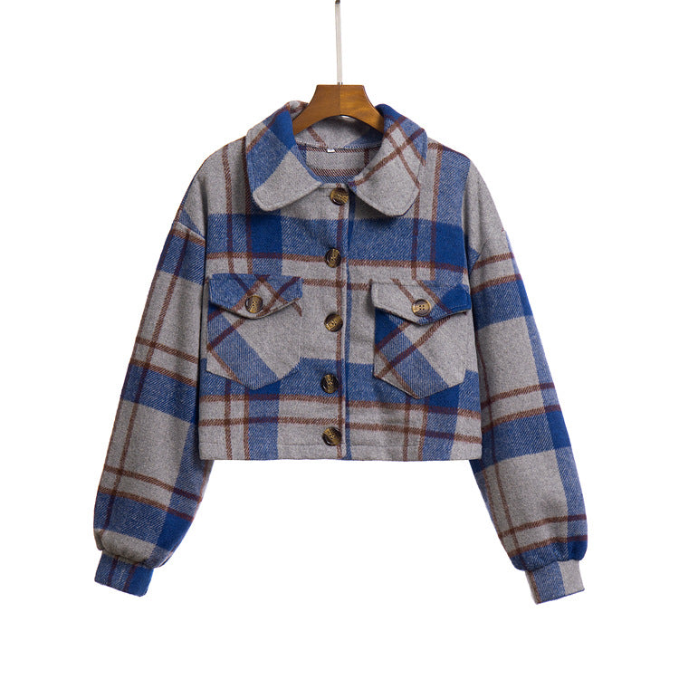 Women Elegant Casual Long-Sleeved Single-breasted Plaid Lapel Color Blocking Shacket