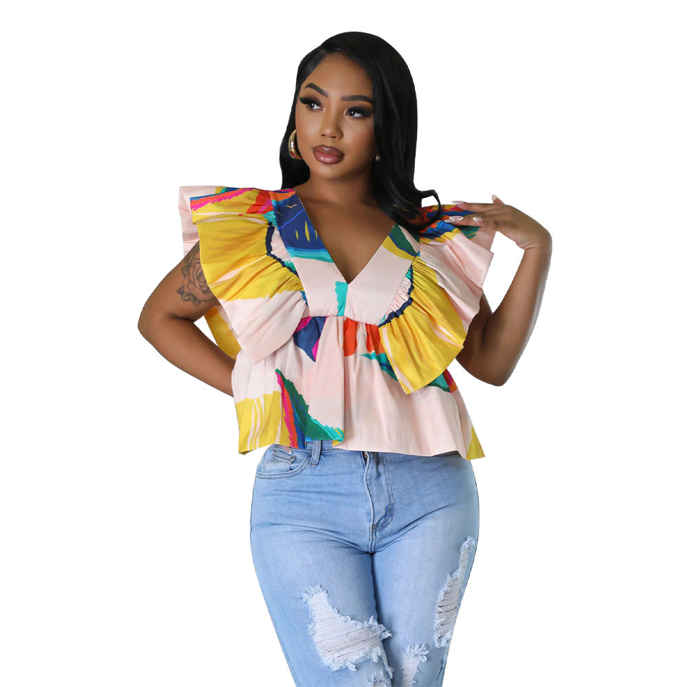 Blusa informal de manga corta con cuello en V y estampado floral arrugado para mujer