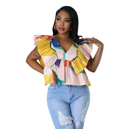 Blusa informal de manga corta con cuello en V y estampado floral arrugado para mujer