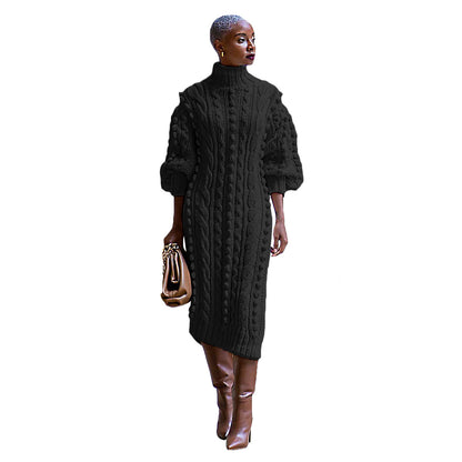 Vestido de punto dividido de manga larga con cuello alto y color liso informal a la moda para mujer Otoño Invierno