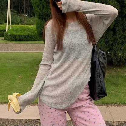 Women Fashion Casual Solid Color Round Neck Long Sleeve Top