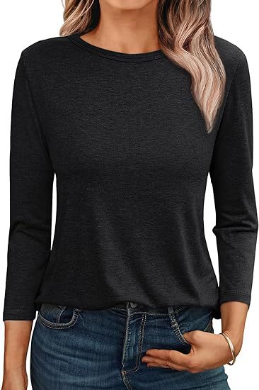 Camiseta informal holgada de manga larga con cuello redondo para mujer