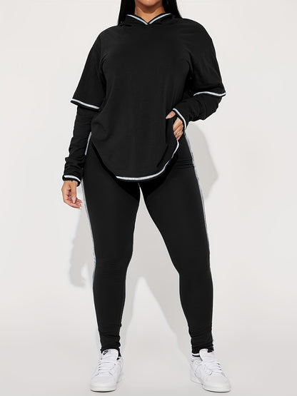 Conjunto de dos piezas de sudadera con capucha y pantalones ajustados de manga larga de color liso informal para mujer