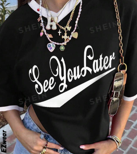 Camiseta informal de verano para mujer con estampado de letras, cuello redondo y manga corta