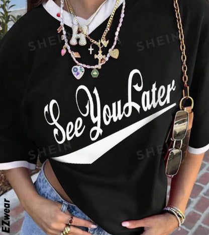 Camiseta informal de verano para mujer con estampado de letras, cuello redondo y manga corta