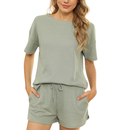 Women Solid Color Casual Homewear Short Sleeve Blouse And Shorts Set
