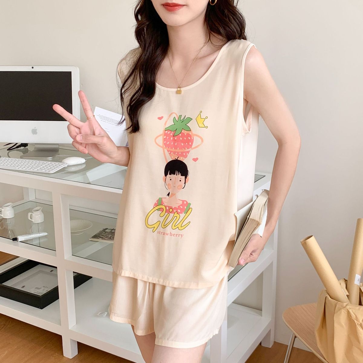 Conjunto de pijama de dos piezas de algodón y seda con camiseta sin mangas estampada informal para mujer