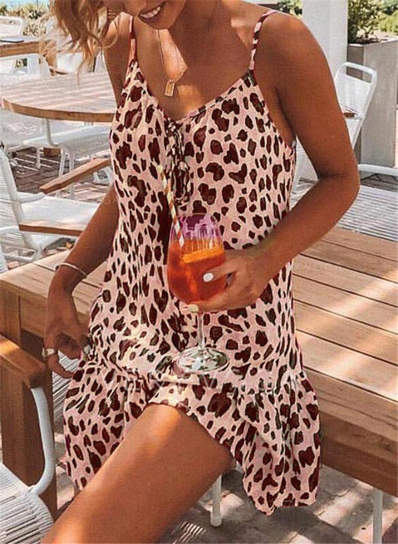 Vestido mini informal, sexy, con estampado de leopardo, holgado, bohemio, de verano para mujer
