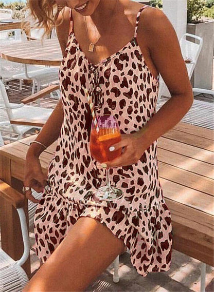 Vestido mini informal, sexy, con estampado de leopardo, holgado, bohemio, de verano para mujer