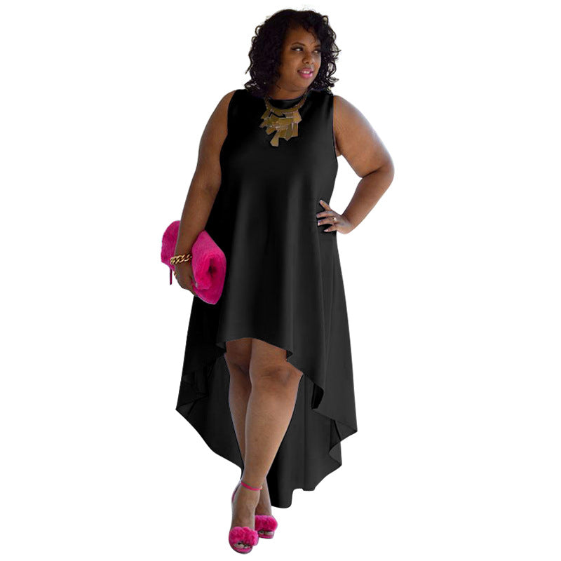 Women Fashion Casual Plus Size Loose Solid Color Round Neck Sleeveless Irregular Skirt Dress