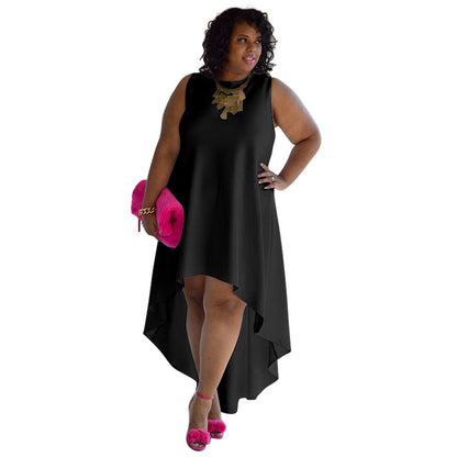 Women Fashion Casual Plus Size Loose Solid Color Round Neck Sleeveless Irregular Skirt Dress