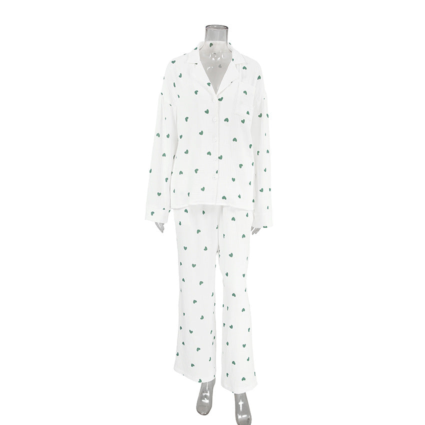 Conjunto de pijama informal de manga larga con estampado de corazones para mujer