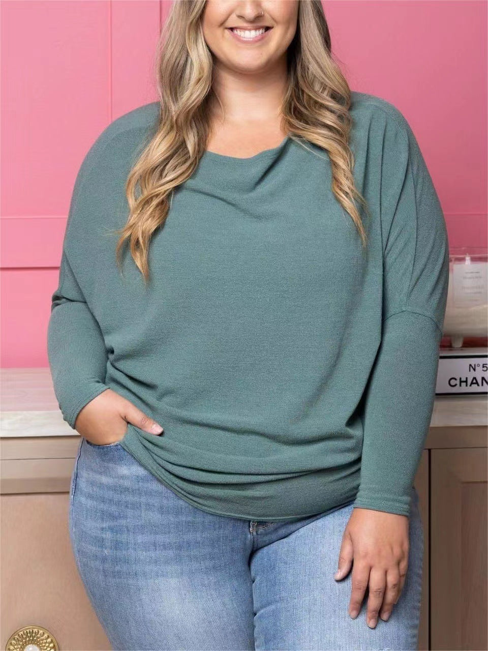 Camiseta informal de manga larga con cuello redondo y color liso para mujer