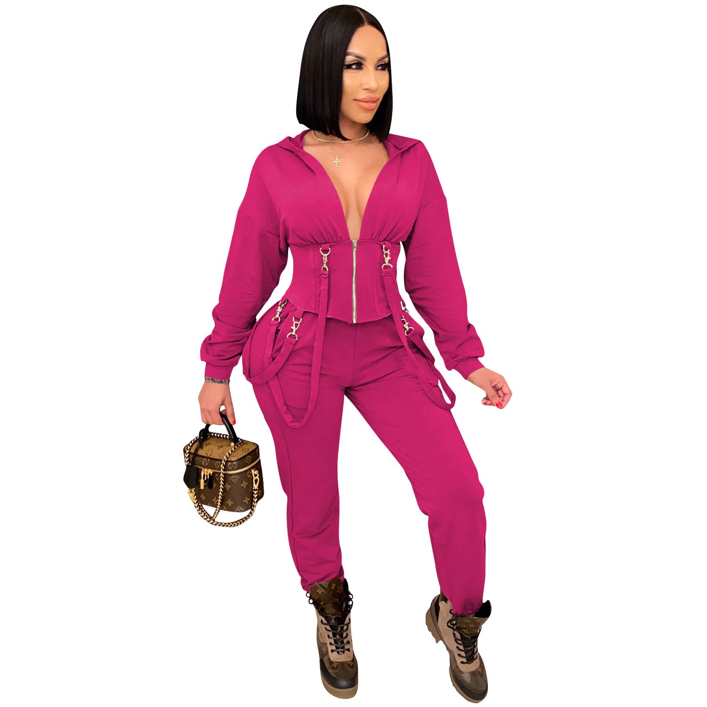 Conjunto informal de dos piezas con top y pantalones cortos con capucha y cremallera para mujer