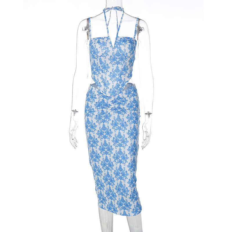 Conjunto informal de dos piezas con top y falda con cuello halter y estampado retro para mujer