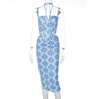 Conjunto informal de dos piezas con top y falda con cuello halter y estampado retro para mujer