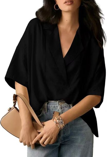 Women Fashion Casual Solid Color Lapel Short-Sleeve Loose Crop Top