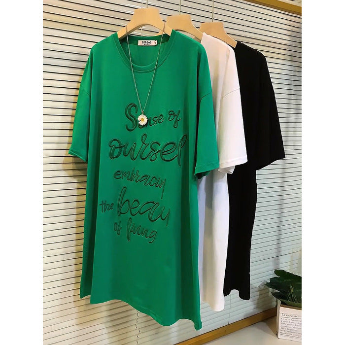 Camiseta informal de manga corta con bordado de letras para mujer, talla grande
