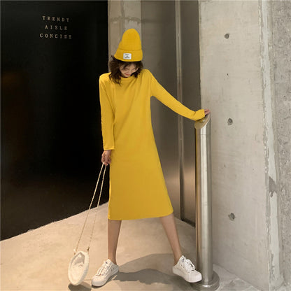 Women Fashion Casual Solid Color Loose Round Neck Long Sleeve Dress