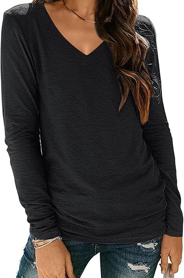 Camiseta informal de manga larga con cuello en V y color liso para mujer