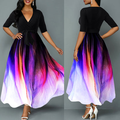 Women Fashion Casual Elegant V-Neck Printed Maxi Dress