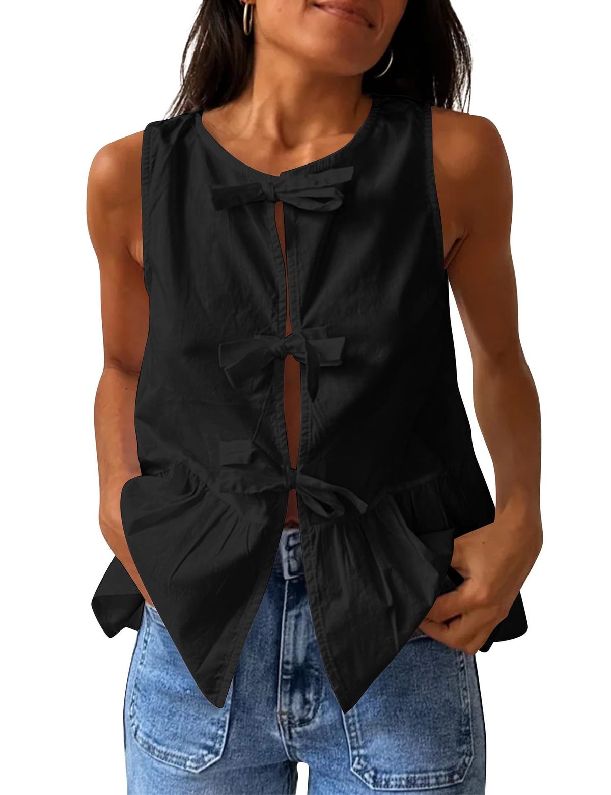 Women Casual Solid Color Cotton Bowknot Lace-Up Tank Top