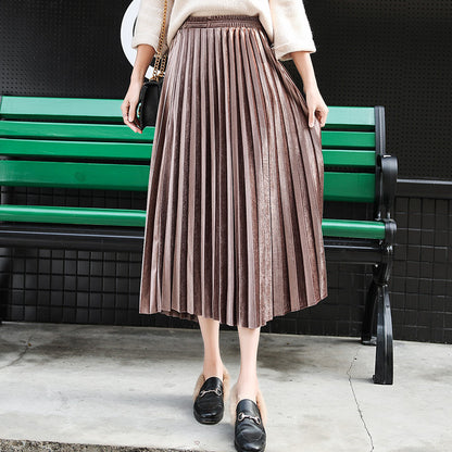 Women Solid Color Pleated High Waist Casual Long Skirt
