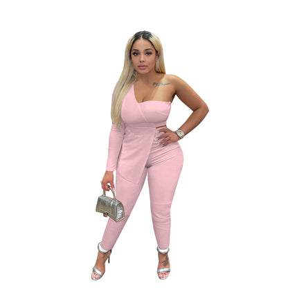 Conjunto informal de dos piezas para mujer, con top y pantalón irregulares, hombros descubiertos y un solo hombro, de color liso