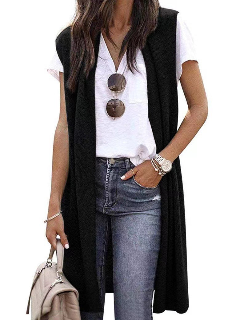 Chaqueta tipo chaleco de punto sin mangas informal de color liso para mujer