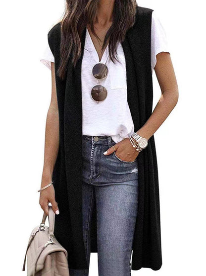 Chaqueta tipo chaleco de punto sin mangas informal de color liso para mujer