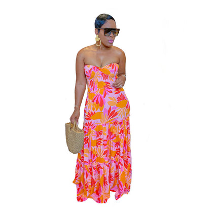 Women Fashion Casual Sexy Printed Loose Tube Top Dress