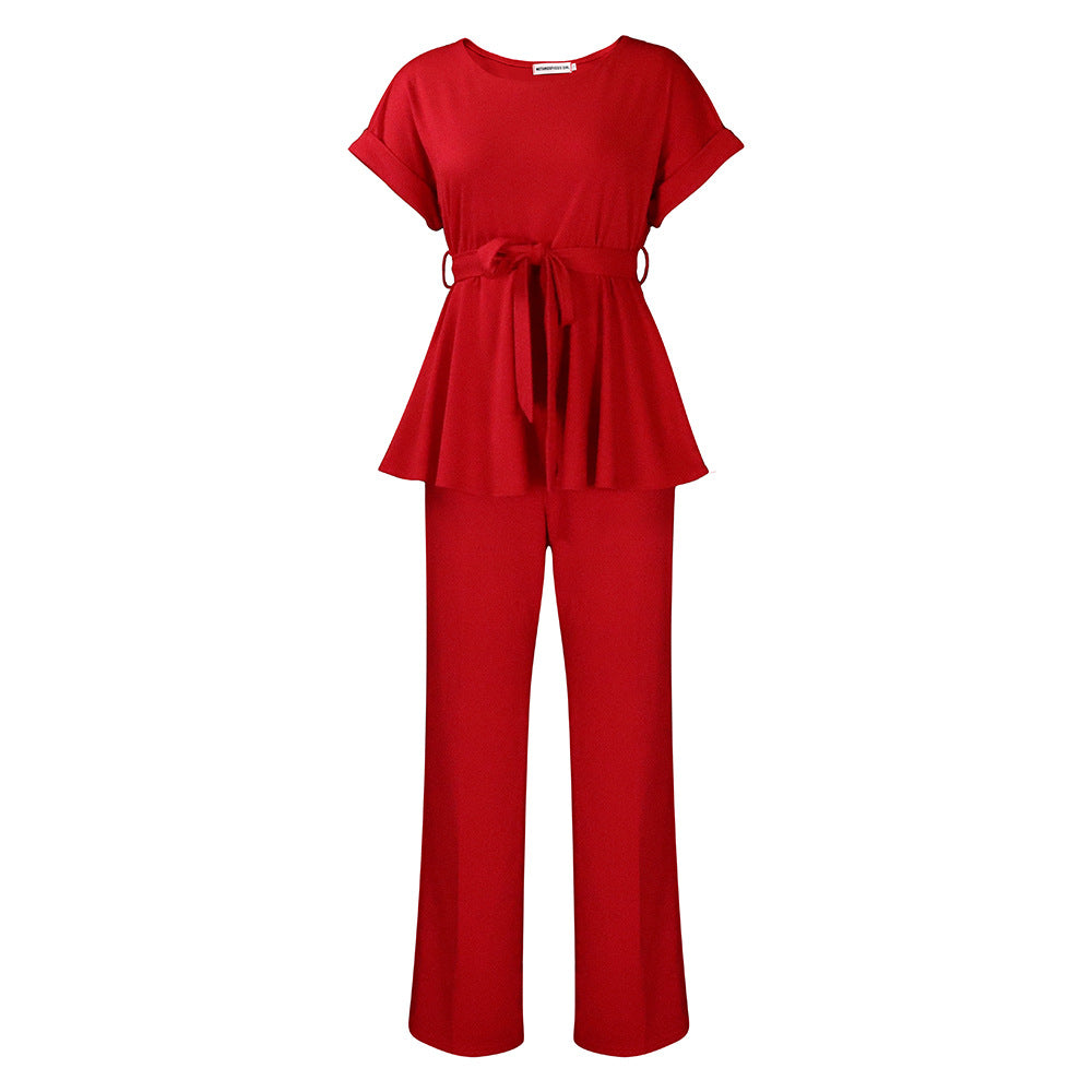 Conjunto de dos piezas de top y pantalón de manga corta de color liso informal para mujer
