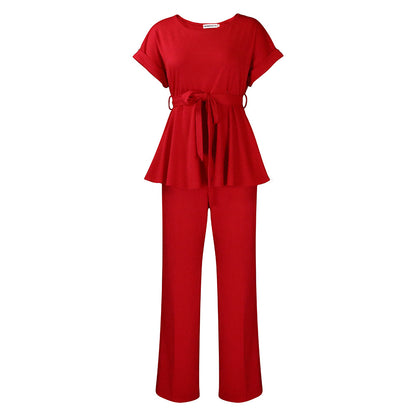 Conjunto de dos piezas de top y pantalón de manga corta de color liso informal para mujer