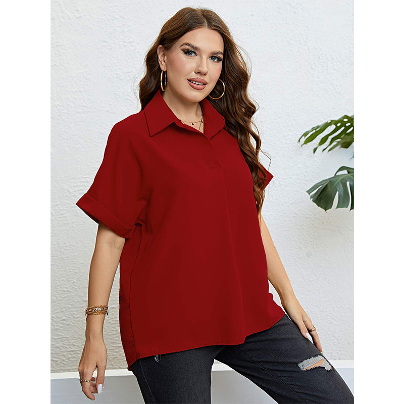 Casual Plus Size Women Solid Color Summer Polo Collar Chiffon Shirt Lapel Short Sleeve Blouse