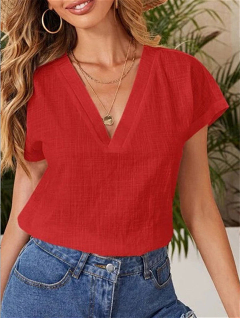Blusa informal de verano para mujer, de color liso, holgada, de manga corta y cuello en V