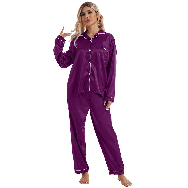 Conjunto de pijama de manga larga de seda helada con solapa informal y sencillo para mujer