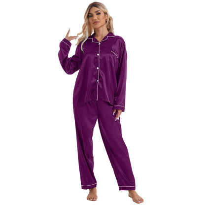 Conjunto de pijama de manga larga de seda helada con solapa informal y sencillo para mujer