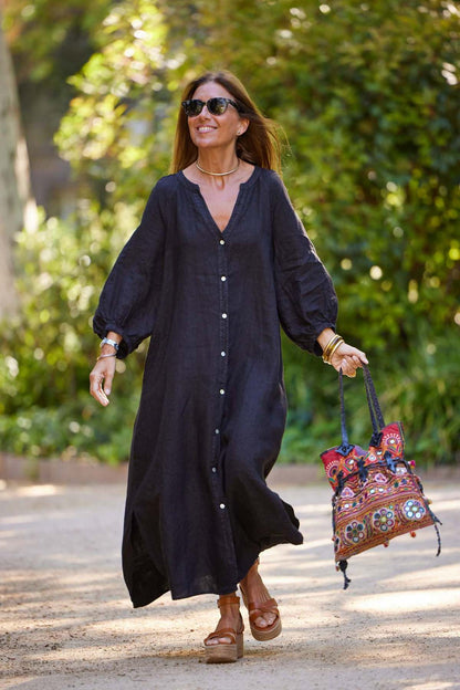 Vestido largo informal de lino y algodón con mangas largas para mujer