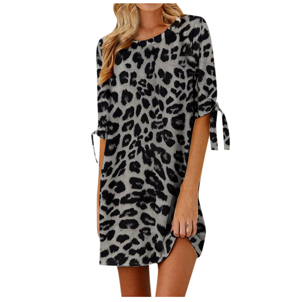 Women Fashion Casual Leopard Printed Round Neck Dress