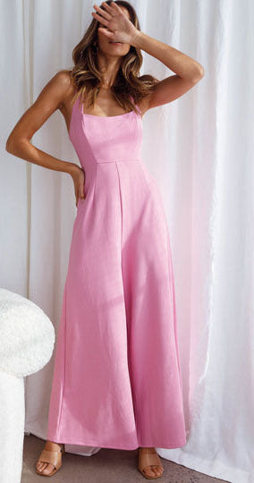 Women Simple Fashion Casual Halter Neck Backless Wide Leg Jumpsuits